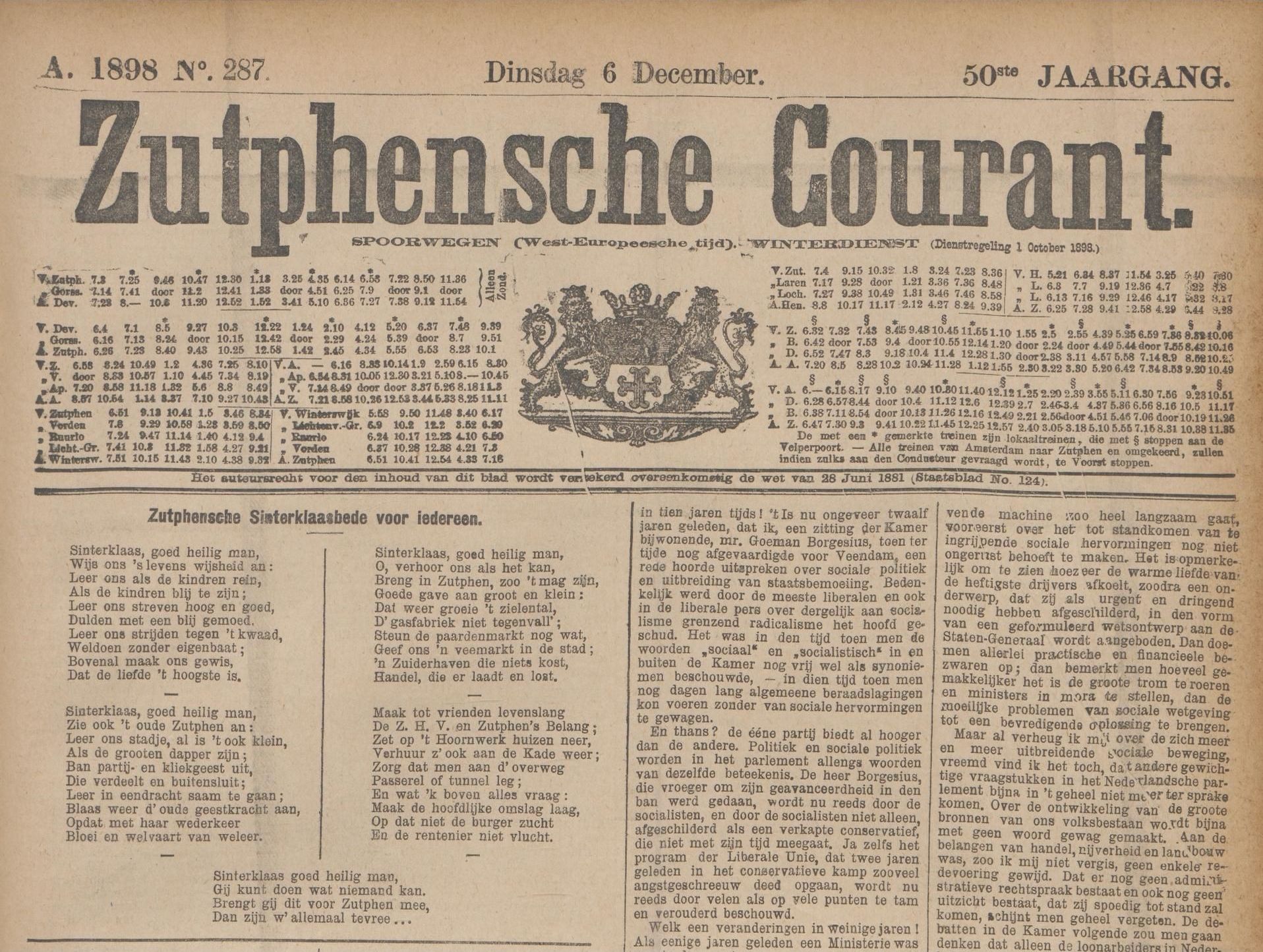 Sinterklaasbede Zutphensche Courant 6 december 1898