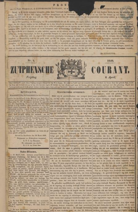 Zutphense Courant 6 april 1849