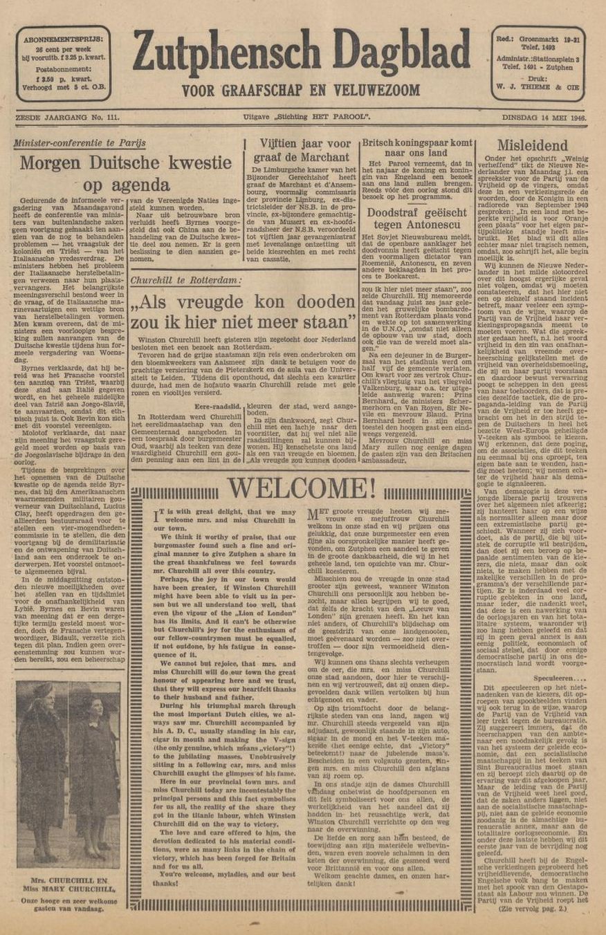Artikel ‘Churchill te Rotterdam: “Als vreugde kon dooden, zou ik hier niet meer staan”- Zutphensch Dagblad 14-5-1946